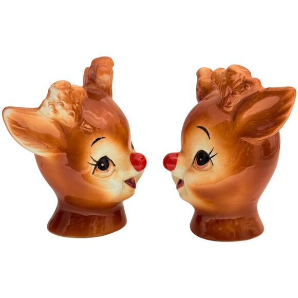 Anthropomorphic 1950s Lefton Rudolph Red Nose Reindeer Salt & Pepper Shaker Set - Picture 2 of 12